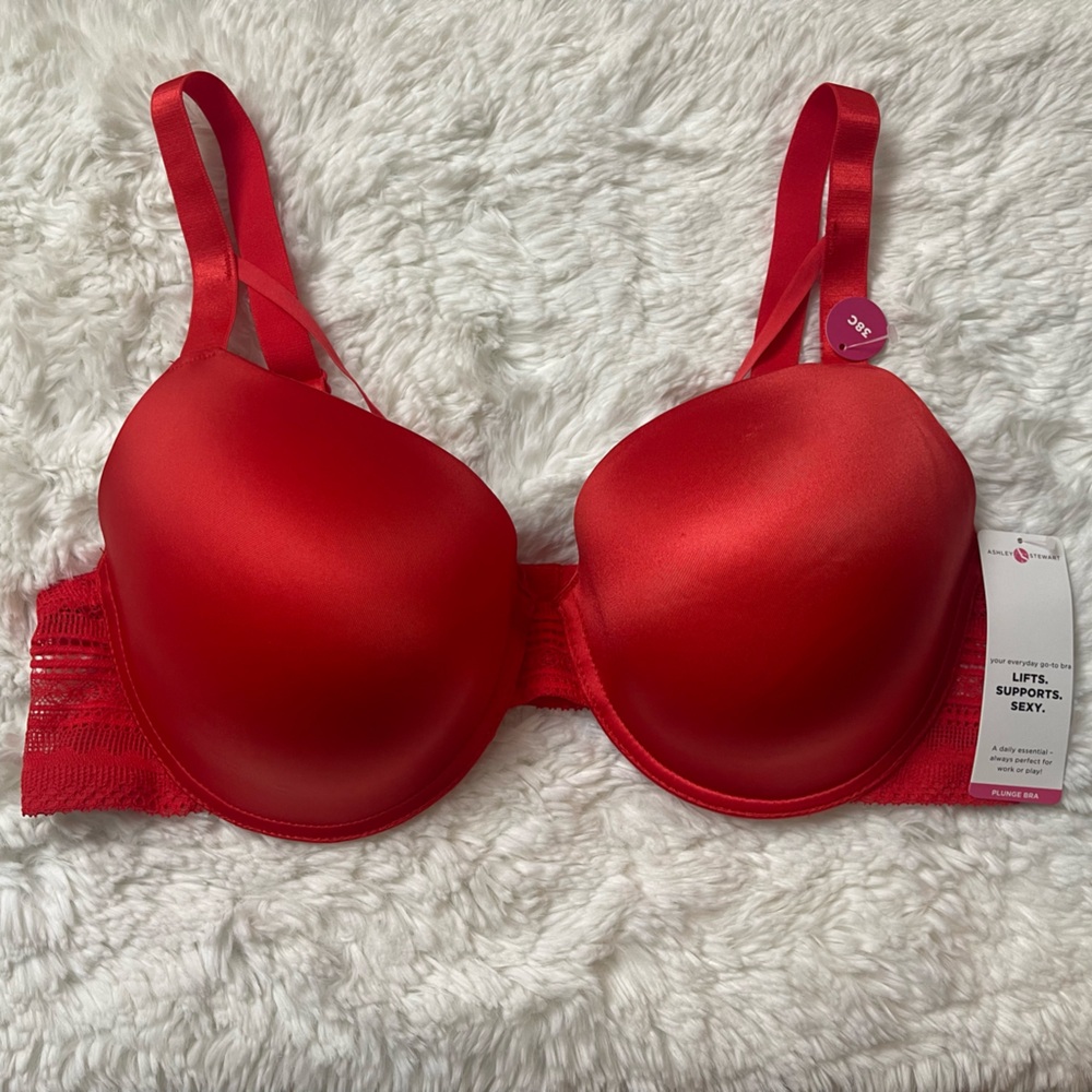 NWT Ashley Stewart Red Strappy Cage Plunge Underwire Lace Bra 38C